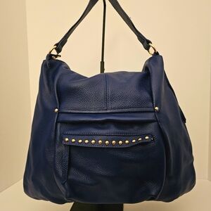 LAGGO Indigo Blue Pebbled Leather Gold Studded Tote Crossbody Shoulder Bag